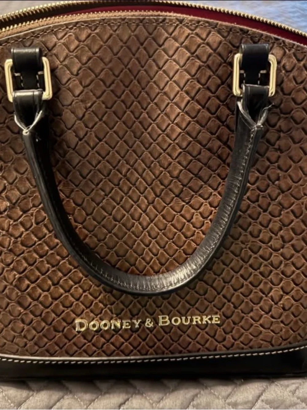 Dooney & Bourke Brown Embossed Satchel with Black Trim